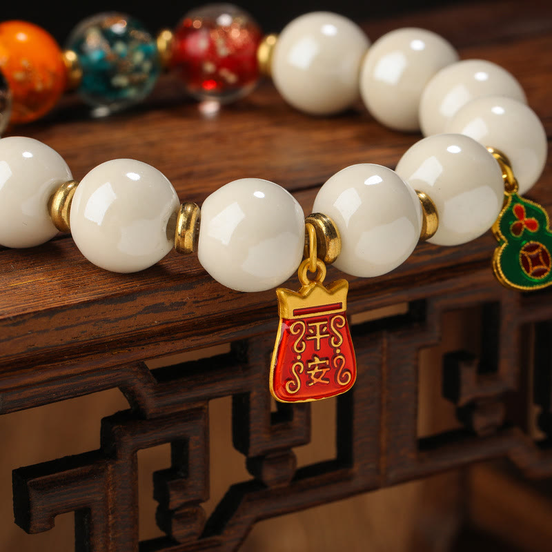 Wear FengShui Tibetan Incense Ash Porcelain Luminous Fluorescent Liuli Glass Bead Gourd Copper Coin Charm Peace Bracelet