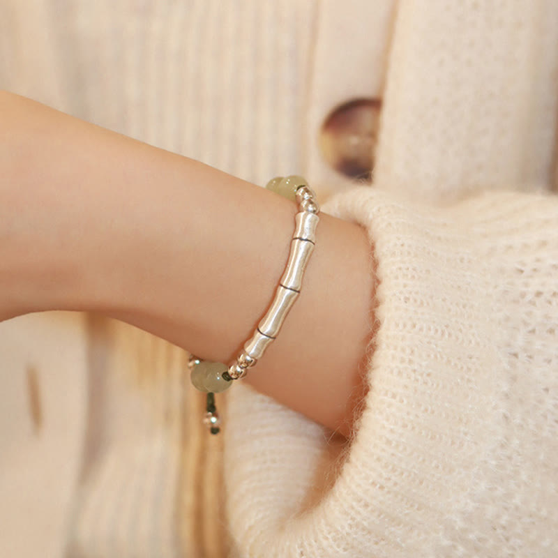 Wear FengShui 925 Sterling Silver Natural Jade Fu Character Bamboo Abundance Bracelet