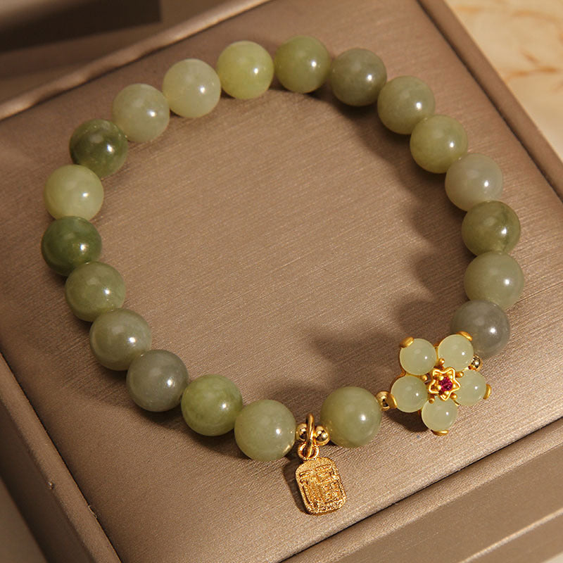 Wear FengShui Green Jade Flower Fu Character Charm Luck Bracelet