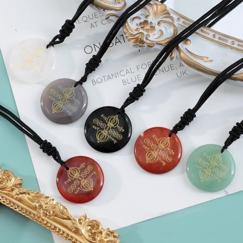 Wear FengShui Vajra Dorje Sanskrit Pattern Natural Various Crystal Black Obsidian Fulfilment Necklace Pendant