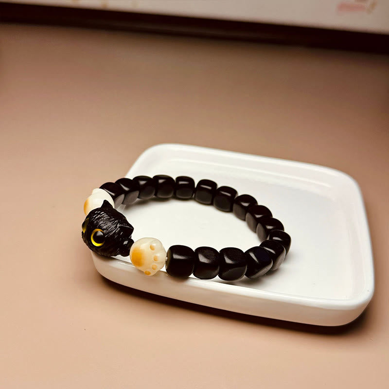 Wear FengShui Ebony Wood Cute Cat Bodhi Seed Paw Claw Peace Bracelet