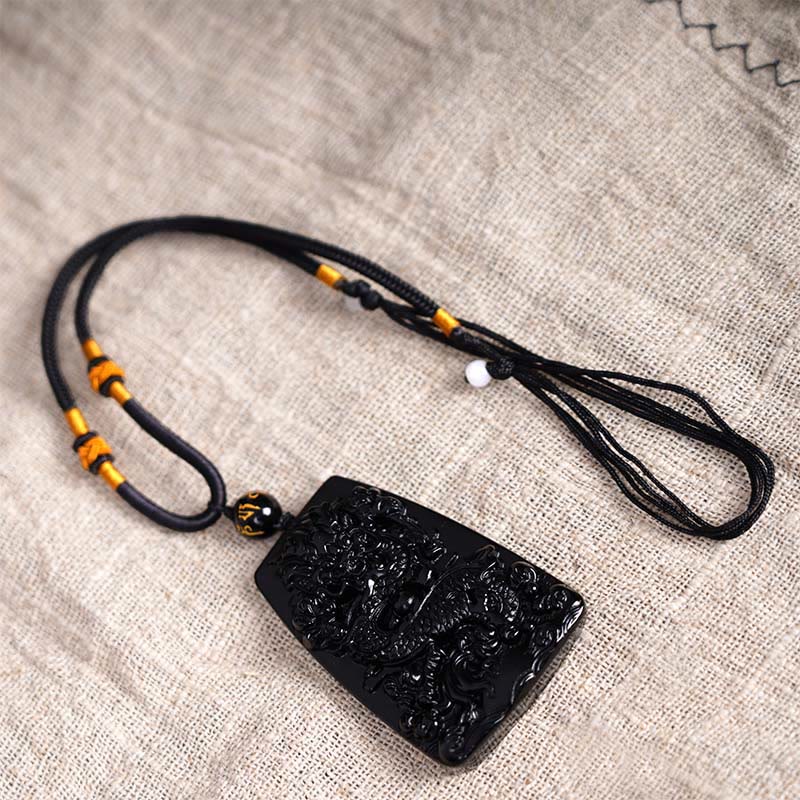 Wear FengShui Black Obsidian Dragon Carved Luck Protection Necklace Pendant