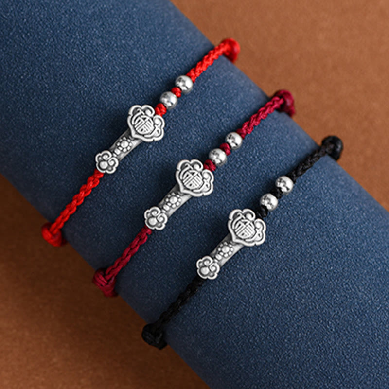 Wear FengShui Handmade 999 Sterling Silver Fu Character Wish Ruyi Handle Fortune Rope Bracelet Anklet
