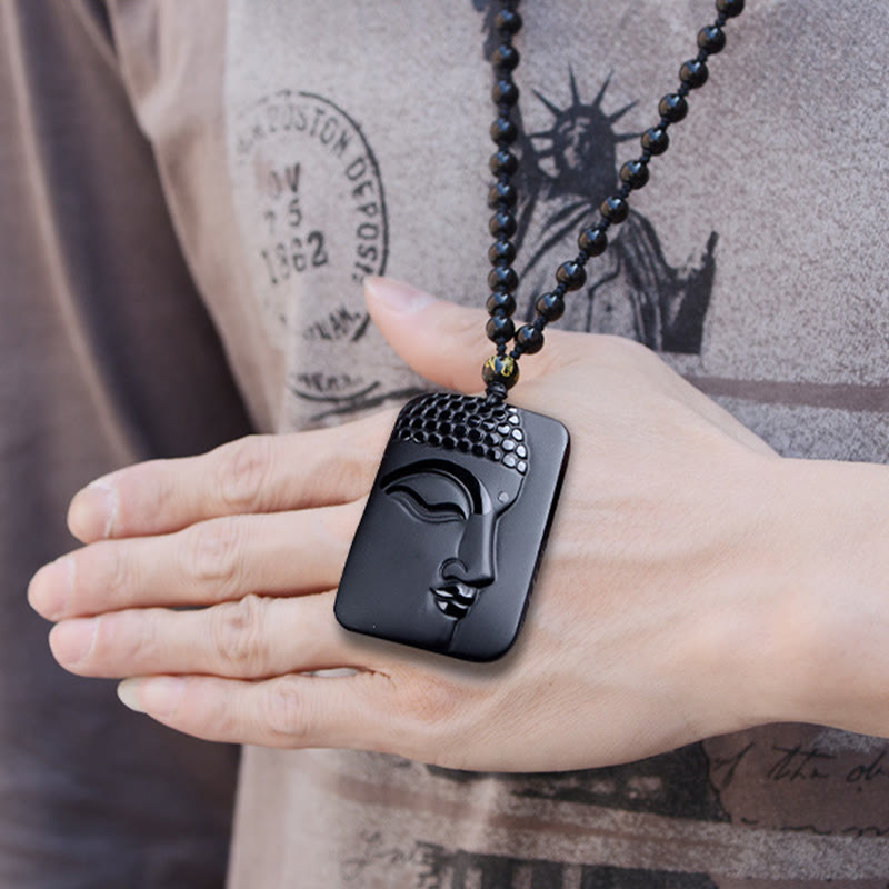 Wear FengShui Natural Black Obsidian Buddha Prayer Purification Luck Pendant Necklace
