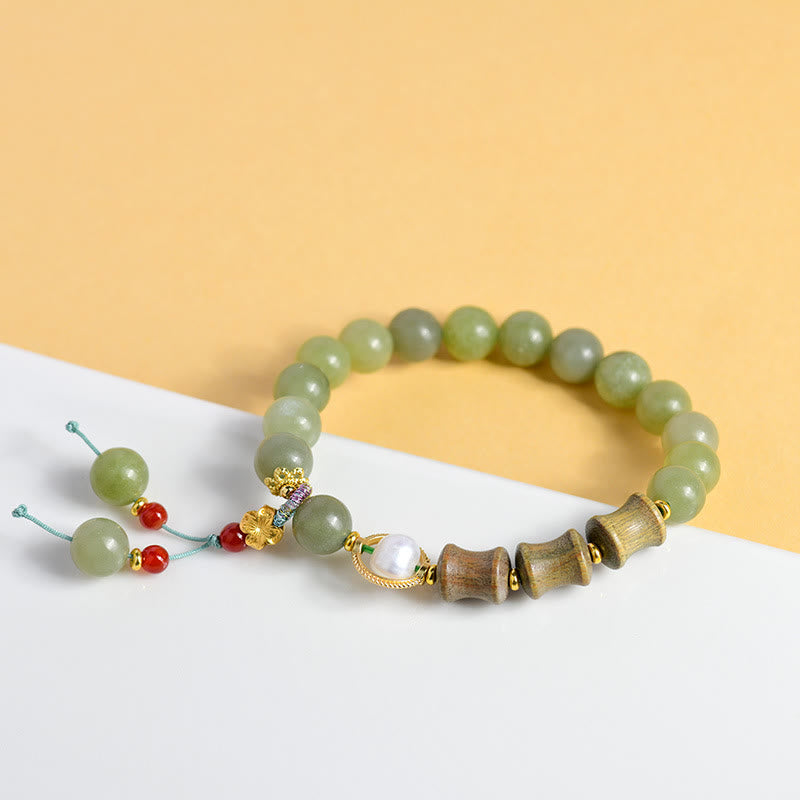 Wear FengShui Jade Sandalwood Bamboo Pearl Prosperity Bracelet