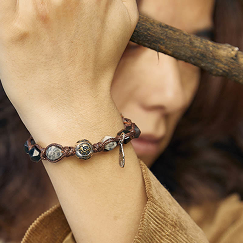 Wear FengShui Retro 925 Sterling Silver Silver Sheen Obsidian Transport Rope Handmade Braided Bracelet