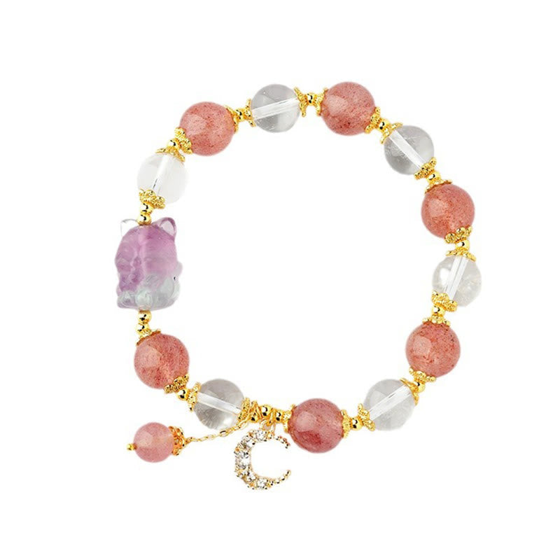 Wear FengShui Natural White Strawberry Quartz Crystal Healing Love Nine Tailed Fox Moon Pendant Bracelet