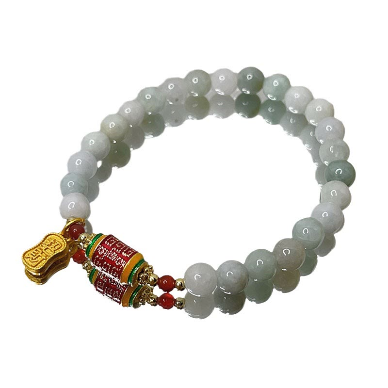 Wear FengShui Tibetan Natural Jade Fu Character Prayer Wheel Prosperity Abundance Bracelet