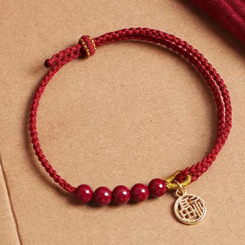 Wear FengShui Cinnabar Fu Character Beads Blessing Red String Handmade Braided Bracelet
