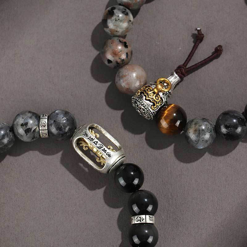 Wear FengShui 925 Sterling Silver Black Onyx Gold Sheen Obsidian Lava Rock Tiger Eye Six True Words Wealth Protection Bracelet