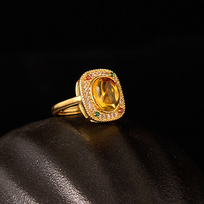 Wear FengShui Natural Amber Flower Square Support Full Diamond Confidence Ring