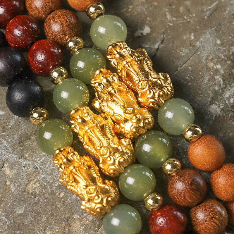 Wear FengShui 999 Sterling Silver Sandalwood Ebony Wood Small Leaf Red Sandalwood Hetian Jade Cinnabar PiXiu Wealth Bracelet