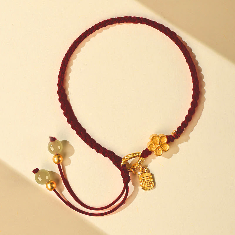 Wear FengShui Hetian Jade Small Peach Blossom Fu Character Charm Luck String Bracelet