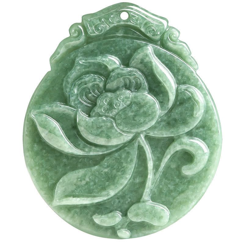 Wear FengShui Round Lotus Pattern Jade Abundance Prosperity Necklace Rope Pendant