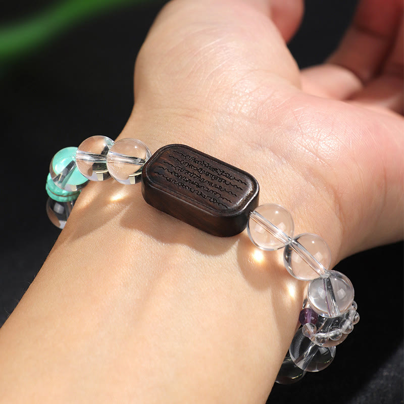 Wear FengShui White Crystal Ebony Wood Sak Yant Zashi Lhamo Healing Bracelet