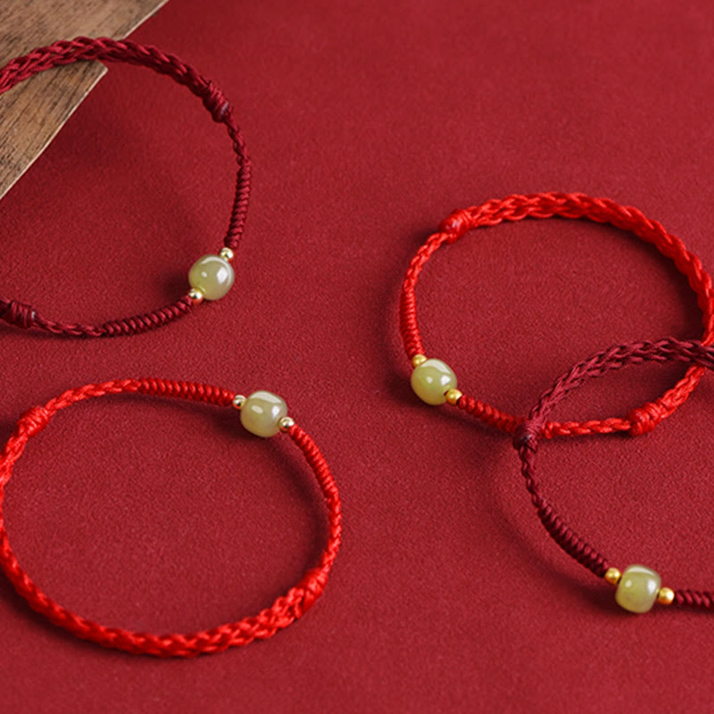 Wear FengShui Natural Hetian Jade 999 Gold Beads Protection Luck Braided Bracelet Anklet