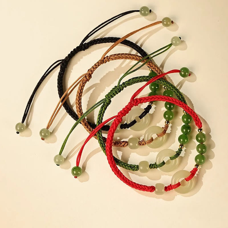 Wear FengShui Natural Hetian Jade Peace Buckle Red String Protection Luck Bracelet