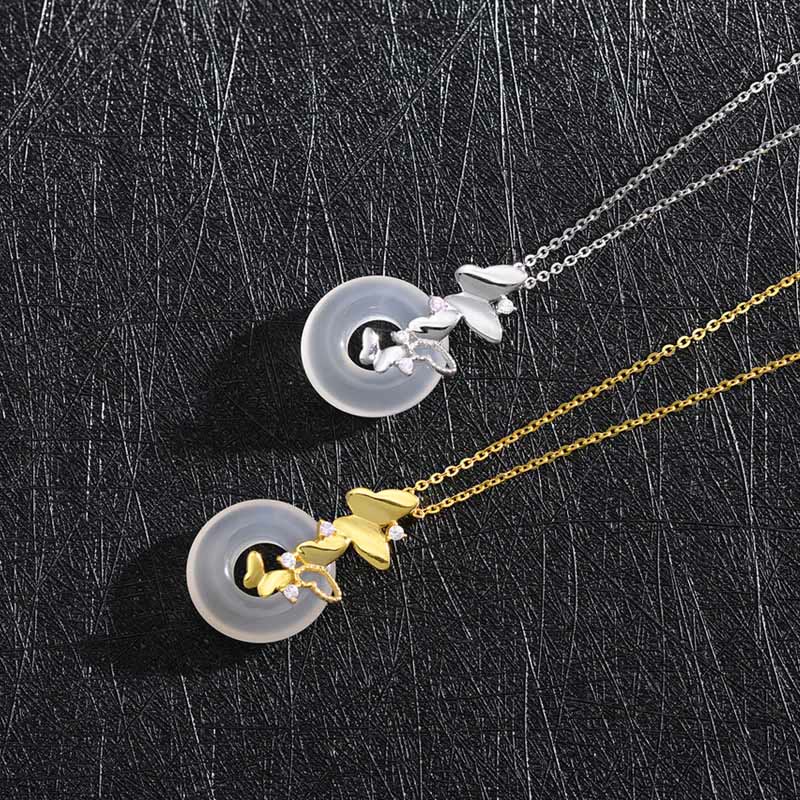Wear FengShui 925 Sterling Silver Butterfly Chalcedony Peace Buckle Blessing Luck Necklace Pendant