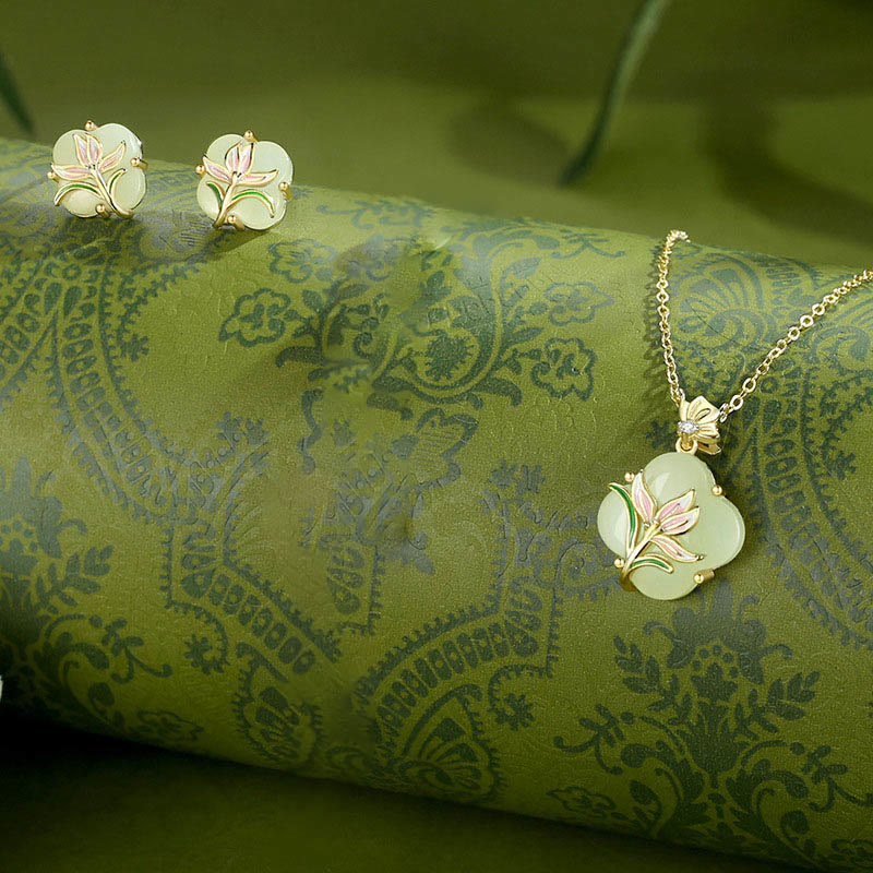 Wear FengShui 925 Sterling Silver Magnolia Butterfly Hetian Jade Four Leaf Clover Blessing Earrings Necklace Pendant