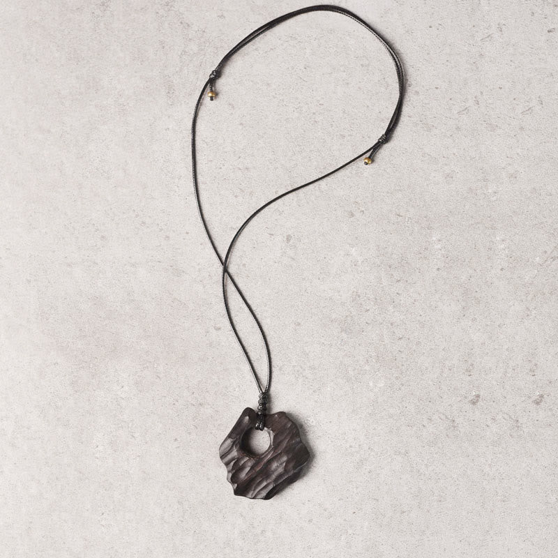 Wear FengShui Ebony Wood Hollow Irregular Shape Peace Balance Necklace Pendant