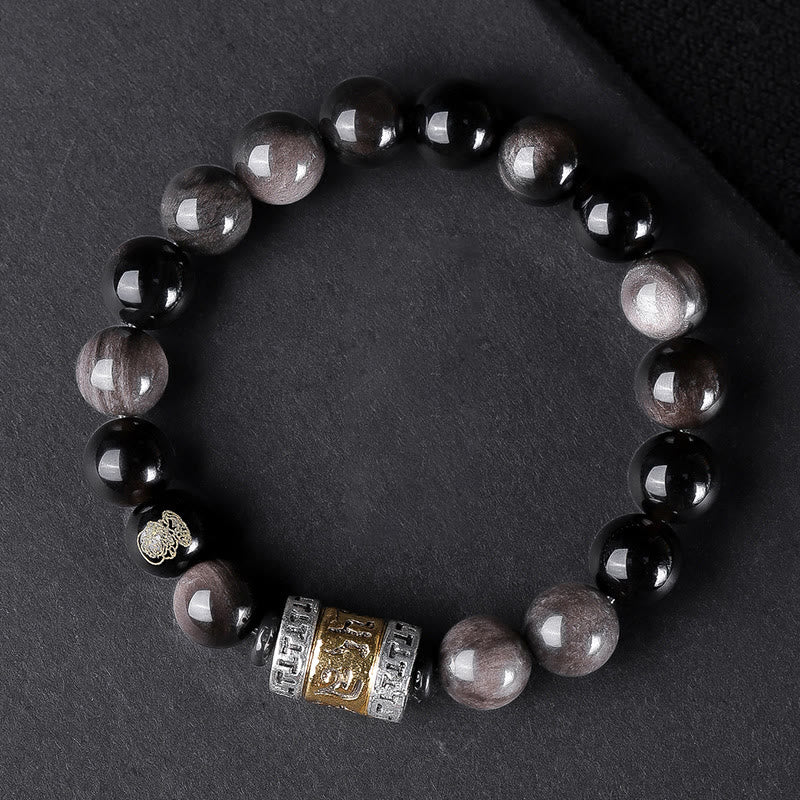 Wear FengShui Natural Silver Sheen Obsidian Tiger's Eye Six True Words 'Om Mani Padme Hum' Strength Bracelet