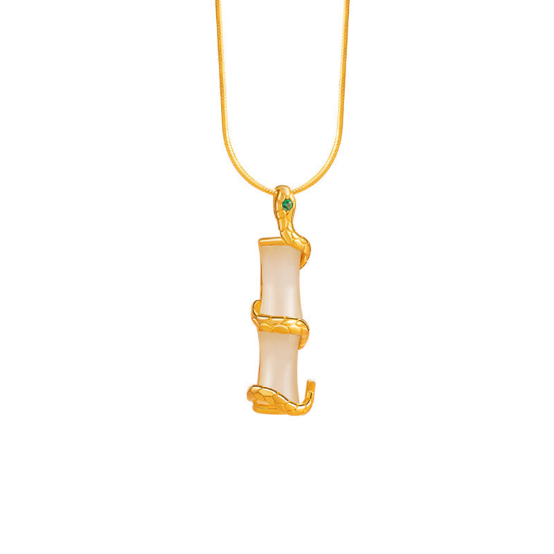 Wear FengShui Hetian Jade 925 Sterling Silver Year of the Snake Bamboo Growth Necklace Pendant