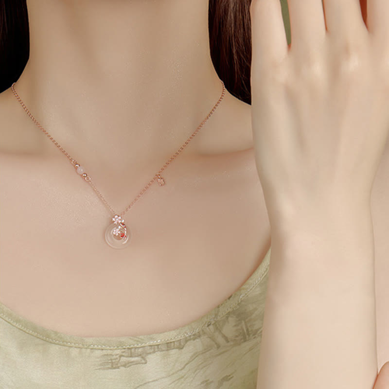 Wear FengShui Chalcedony Pink Crystal 925 Sterling Silver Flowers Koi Fish Peace Buckle Positive Necklace Pendant