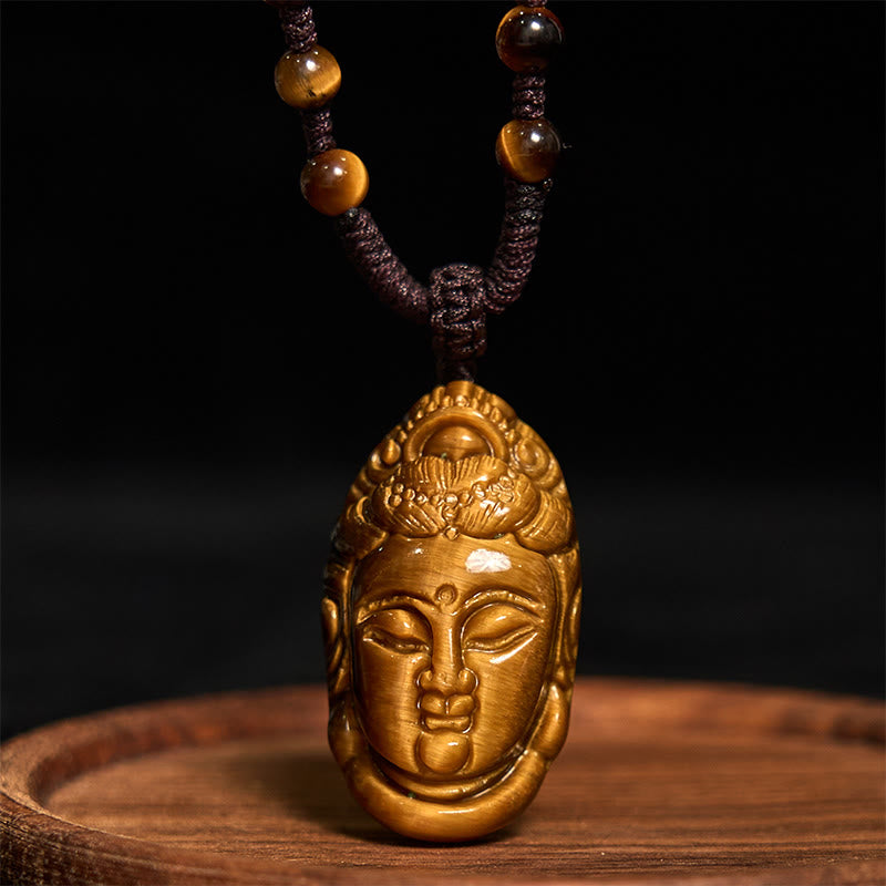 Wear FengShui Tiger Eye Kwan Yin Avalokitesvara Head String Strength Necklace Pendant
