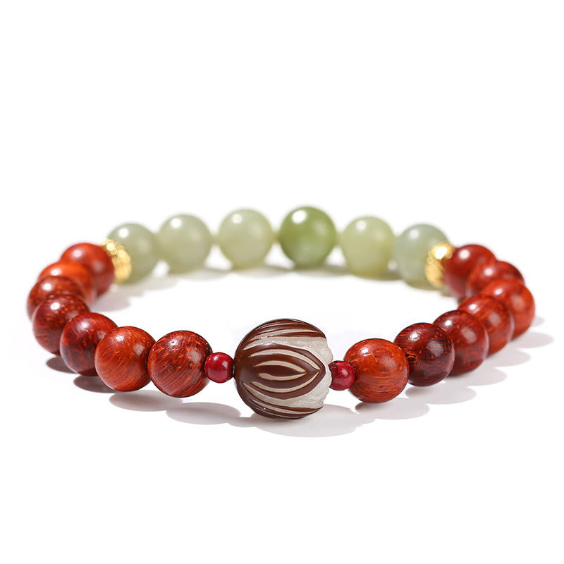 Wear FengShui Natural Rosewood Cyan Jade Bodhi Seed Lotus Warmth Calm Bracelet