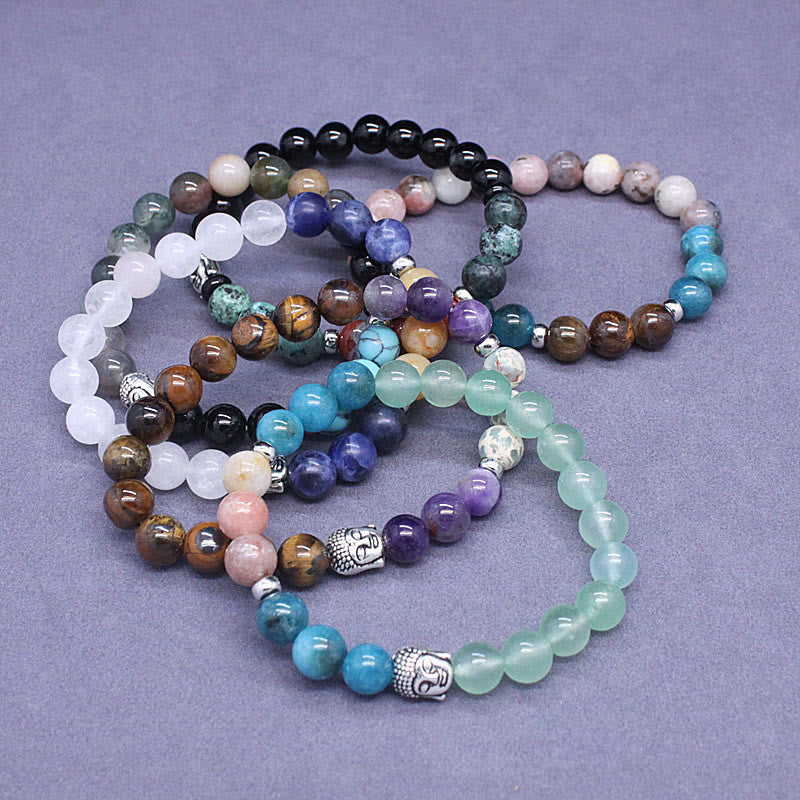 Wear FengShui Natural Black Onyx White Stone Green Aventurine Tiger Eye Agate Mixed Color Buddha Head Protection Bracelet