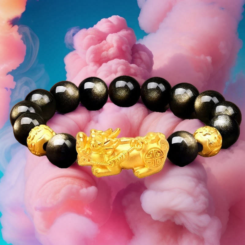 Wear FengShui Natural Gold Sheen Obsidian PiXiu Om Mani Padme Hum Wealth Bracelet