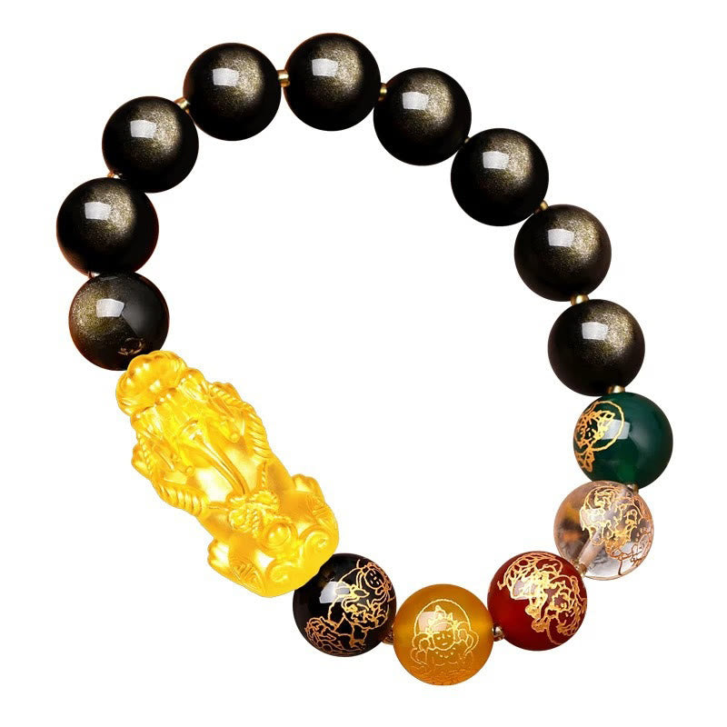 Wear FengShui Natural Gold Sheen Obsidian PiXiu Five Directions Gods of Wealth Protection Bracelet