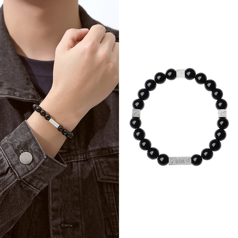 Wear FengShui Black Obsidian 925 Sterling Silver Fu Character Cube Strength Bracelet