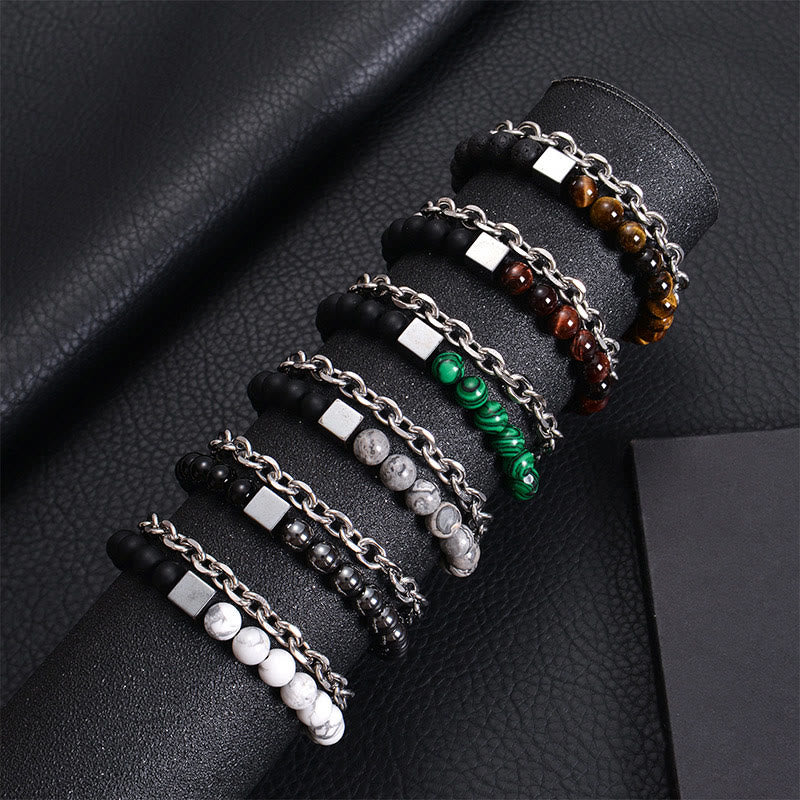 Wear FengShui Colorful Tiger Eye Frosted Stone Black Magnetite Titanium Steel Double Wrap Protection Bracelet
