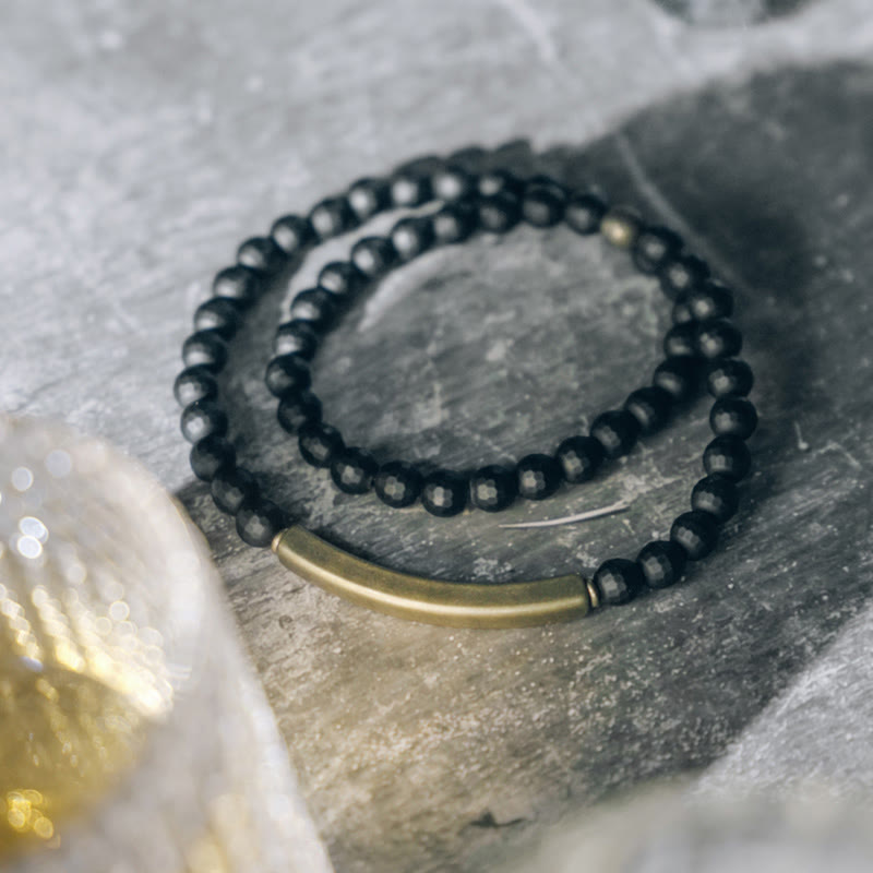 Wear FengShui Frosted Cut Surface Black Onyx Copper Brass Double Wrap Protection Bracelet