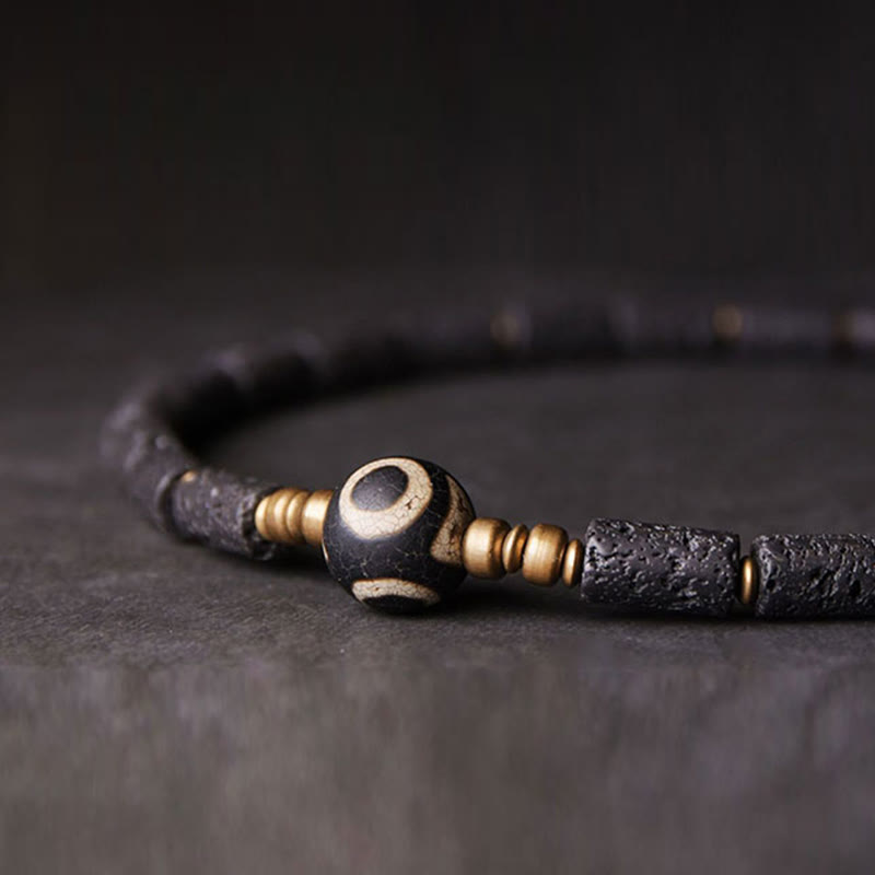 Wear FengShui Vintage Lava Rock Three-eyed Dzi Bead Copper Brass Multi-turn Wrap Calm Bracelet