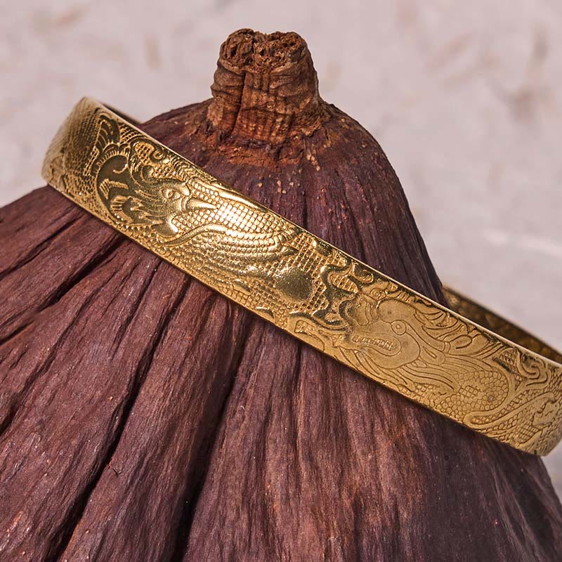 Wear FengShui Dragon And Phoenix Playing With A Pearl Carved Copper Brass Luck Protection Bracelet Bangle