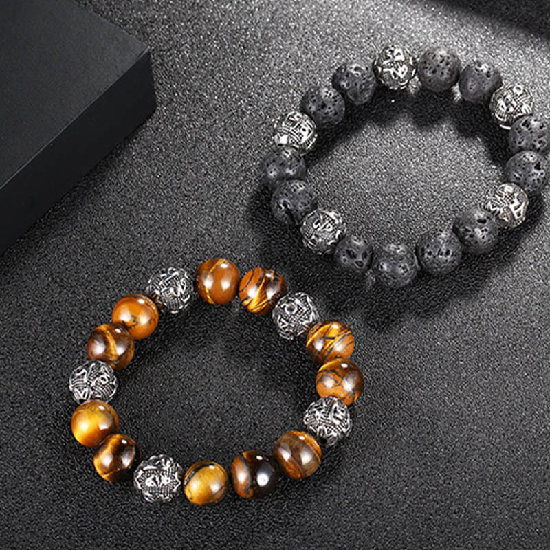 Wear FengShui Natural Lava Rock Tiger Eye Titanium Steel Six-True-Words Om Mani Padme Hum Healing Bracelet