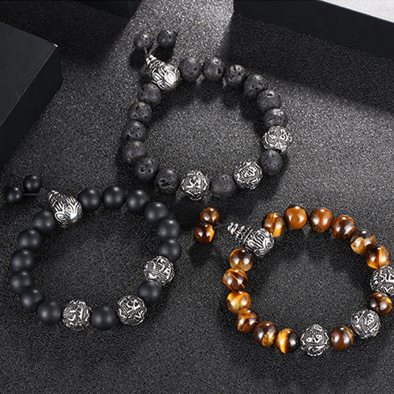 Wear FengShui Natural Tiger Eye Lava Rock Black Obsidian Titanium Steel Six-True-Words Om Mani Padme Hum Protection Bracelet