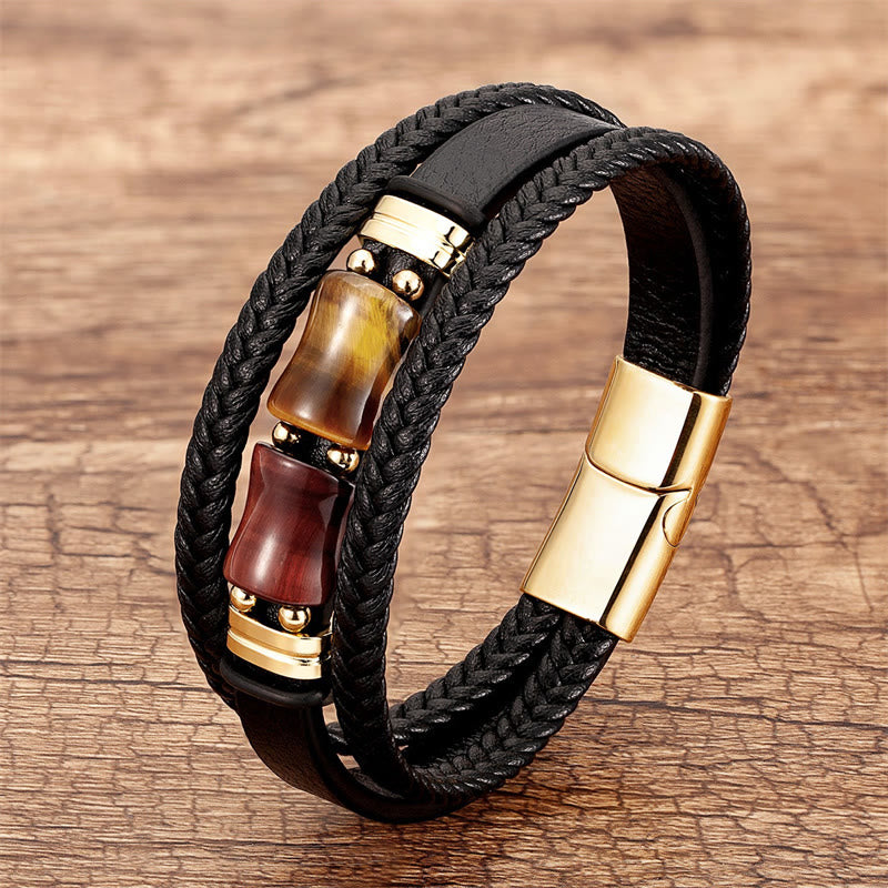 Wear FengShui Tiger Eye Bamboo Stone Integrity Courage Multi-layer Leather Bracelet