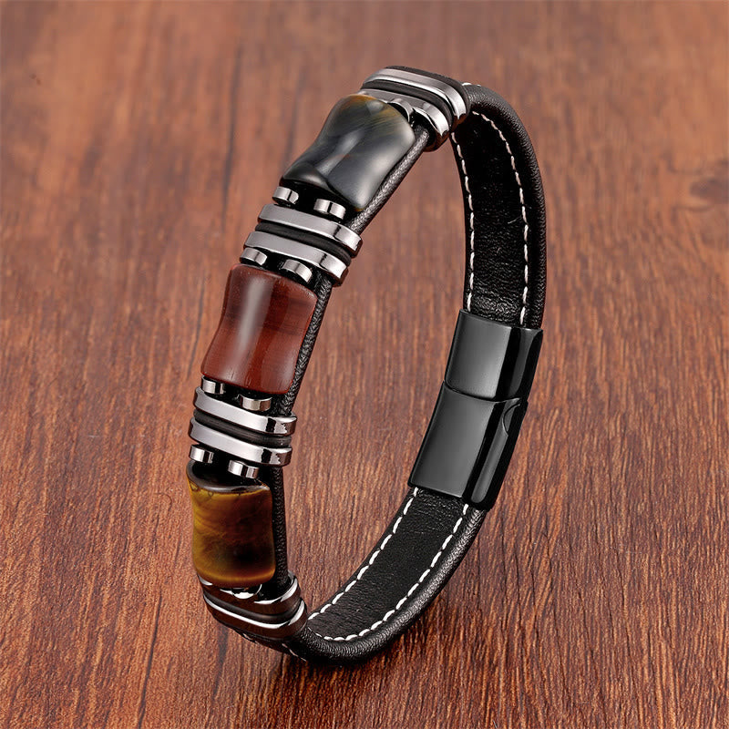 Wear FengShui Tiger Eye Three Bamboo Stone Protection Power Leather Bracelet
