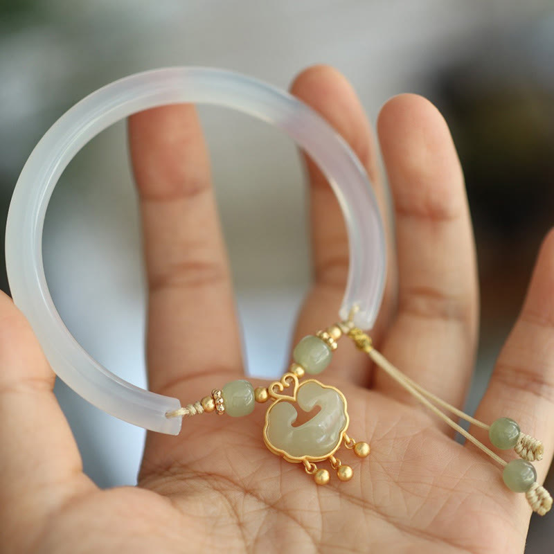 Wear FengShui Chalcedony Hetian Jade 925 Sterling Silver Auspicious Cloud Ruyi Lock Harmony Cuff Half Bracelet Bangle