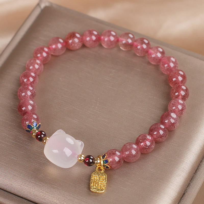 Wear FengShui Strawberry Quartz White Jade Cat Fu Character Healing Bracelet