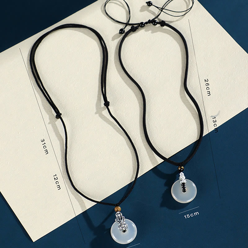 Wear FengShui White Agate 999 Sterling Silver Black Onyx Green Sandalwood Pi Xiu Peace Buckle Six True Words Necklace Pendant