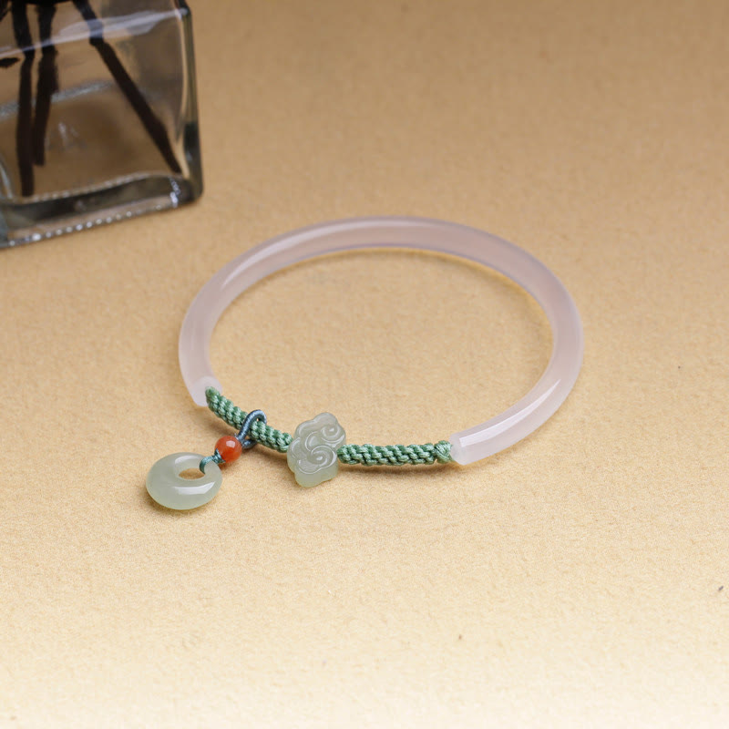 Wear FengShui Natural White Agate Hetian Jade Peace Buckle Auspicious Clouds Positive Bracelet Bangle