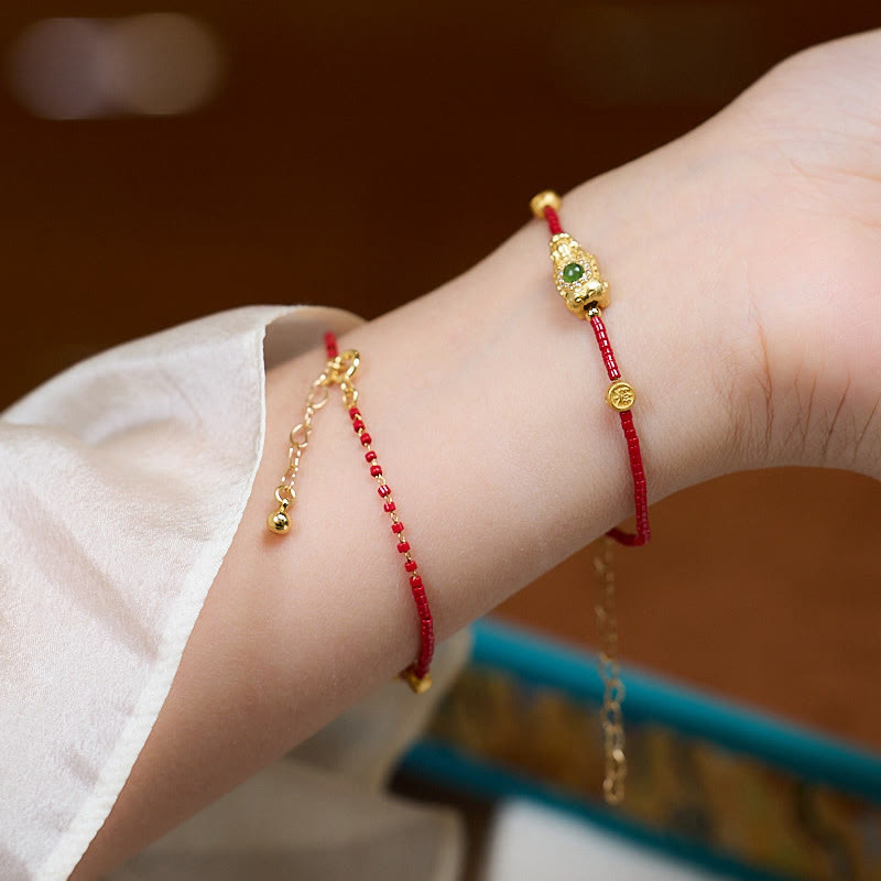 Wear FengShui 925 Sterling Silver Plated 24k Gold Liuli Glass Bead PiXiu Four Leaf Clover Joy And Happiness Wealth Bracelet