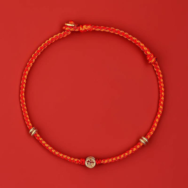 Wear FengShui Handmade Braided Red String 925 Sterling Silver Fu Character Luck Bracelet