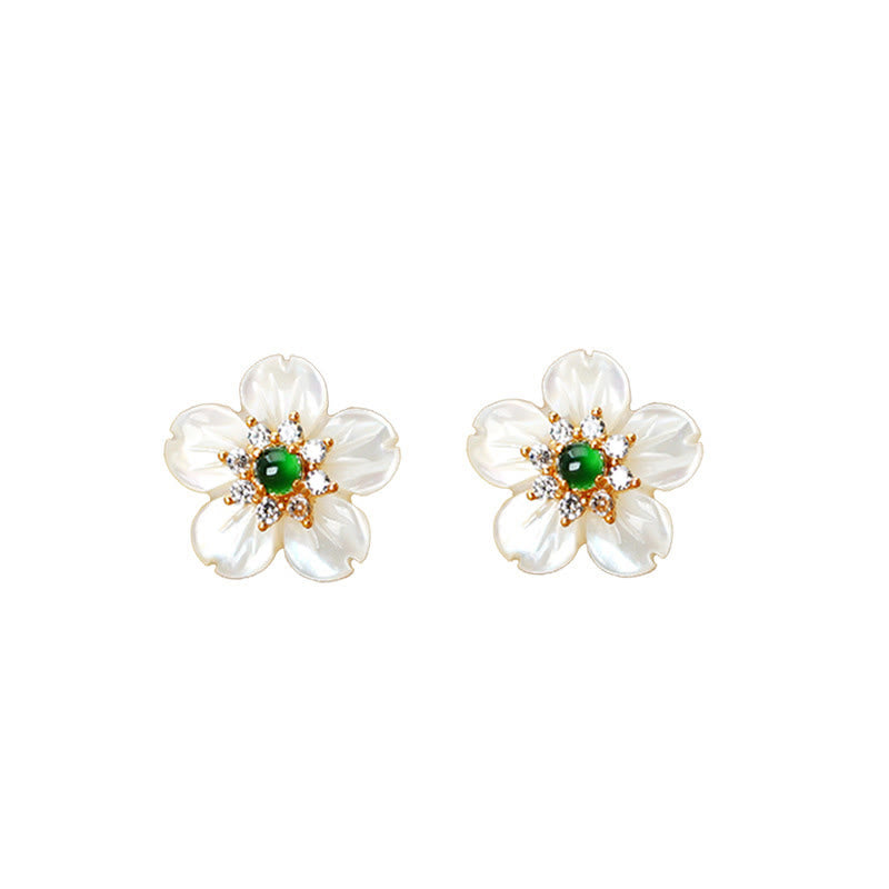 Wear FengShui 925 Sterling Silver Tridacna Stone Jade Flower Blessing Earrings