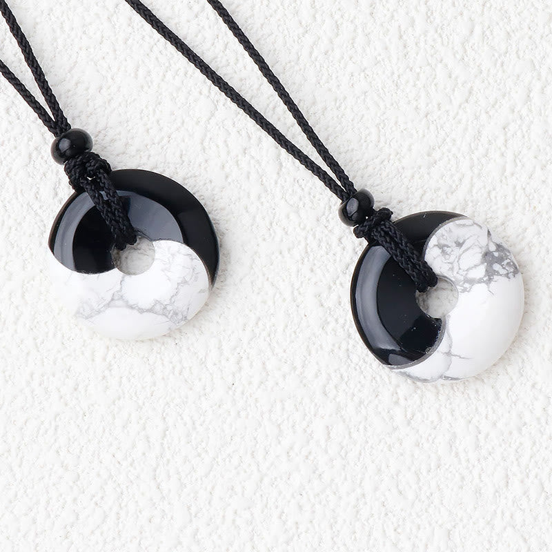 Wear FengShui Natural Black Obsidian White Turquoise Yin Yang Peace Buckle Design Braided String Strength Necklace Pendant