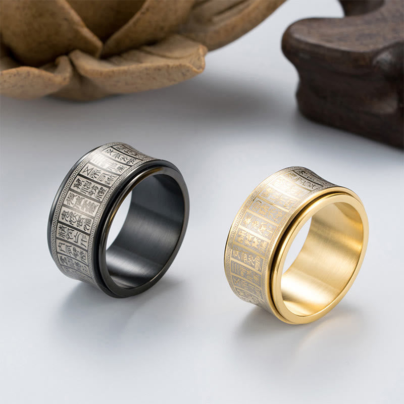 Wear FengShui Tibetan Seal Script Golden Light Mantra Titanium Steel Spinner Balance Ring